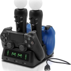 PS4 Controller Charger Station, PS 4 VR Move Motion Controller Fast Charging Dock with LED Indicator, Compatible with PS4/ PS4 Pro/ PS4 Slim, Black