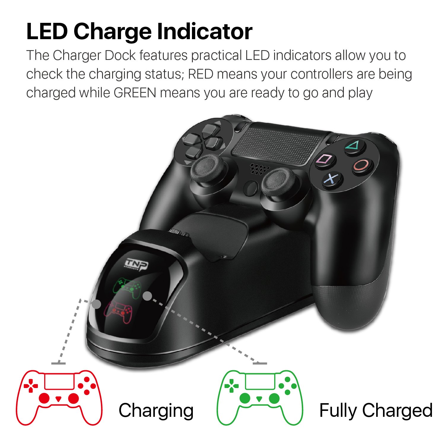 TNP PS4 Controller Charging Station Dock Stand PS-4 Dualshock Control Gamepad USB Port Dual Charger Cradle Base with Cable & LED Indicator for Sony Playstation 4 Pro Slim Wireless Gaming Game (Black)