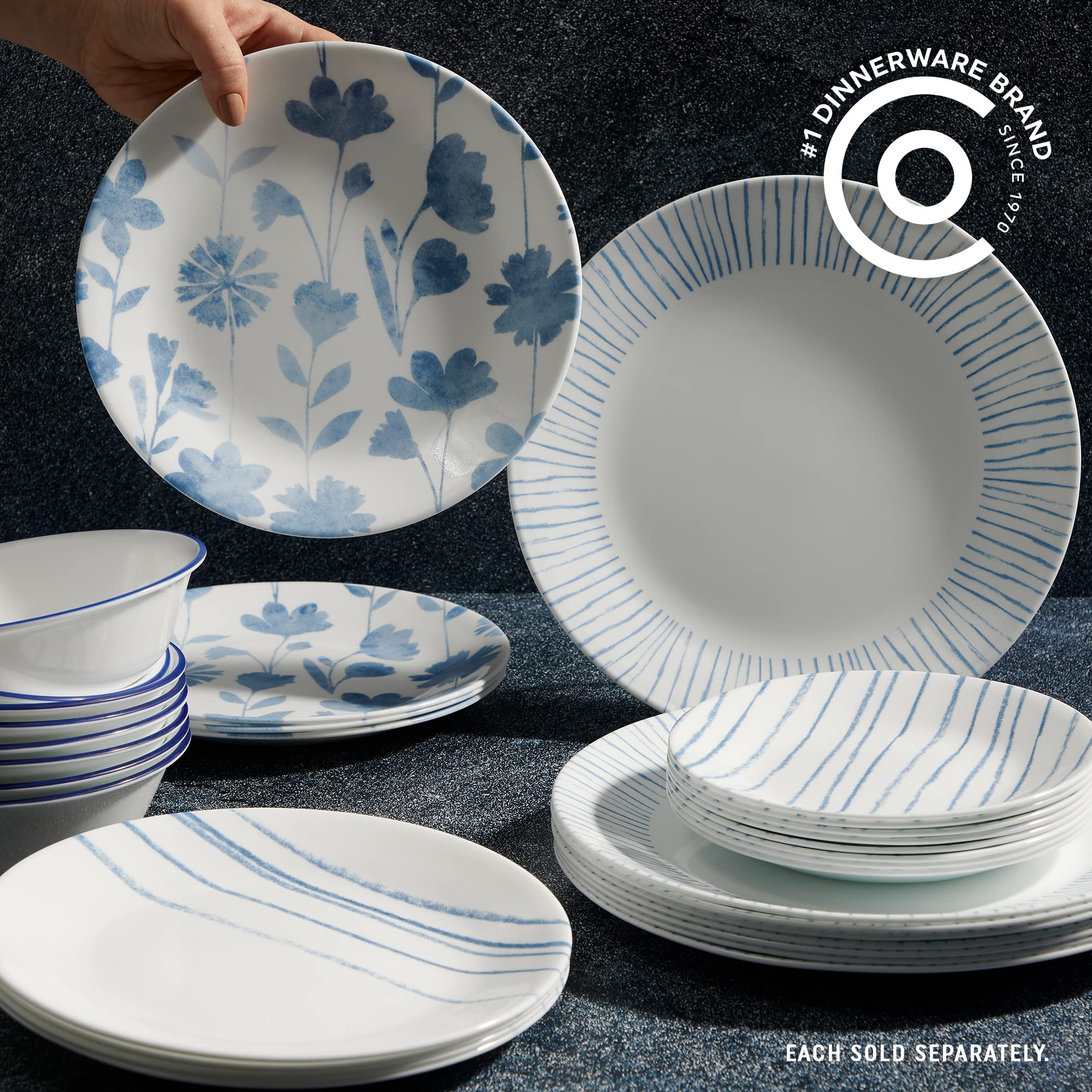 Corelle 6-Piece 10.25" Vitrelle Glass Dinner Plates, Lightweight, Chip/Scratch Resistant - Botanical Stripes