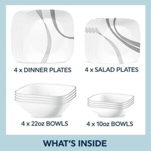 Corelle Urban Arc 16pc, Service for 4, Dinnerware Set, 8 Plates Bowls, Chip & Break Resistant, Dinner and Corelleware White