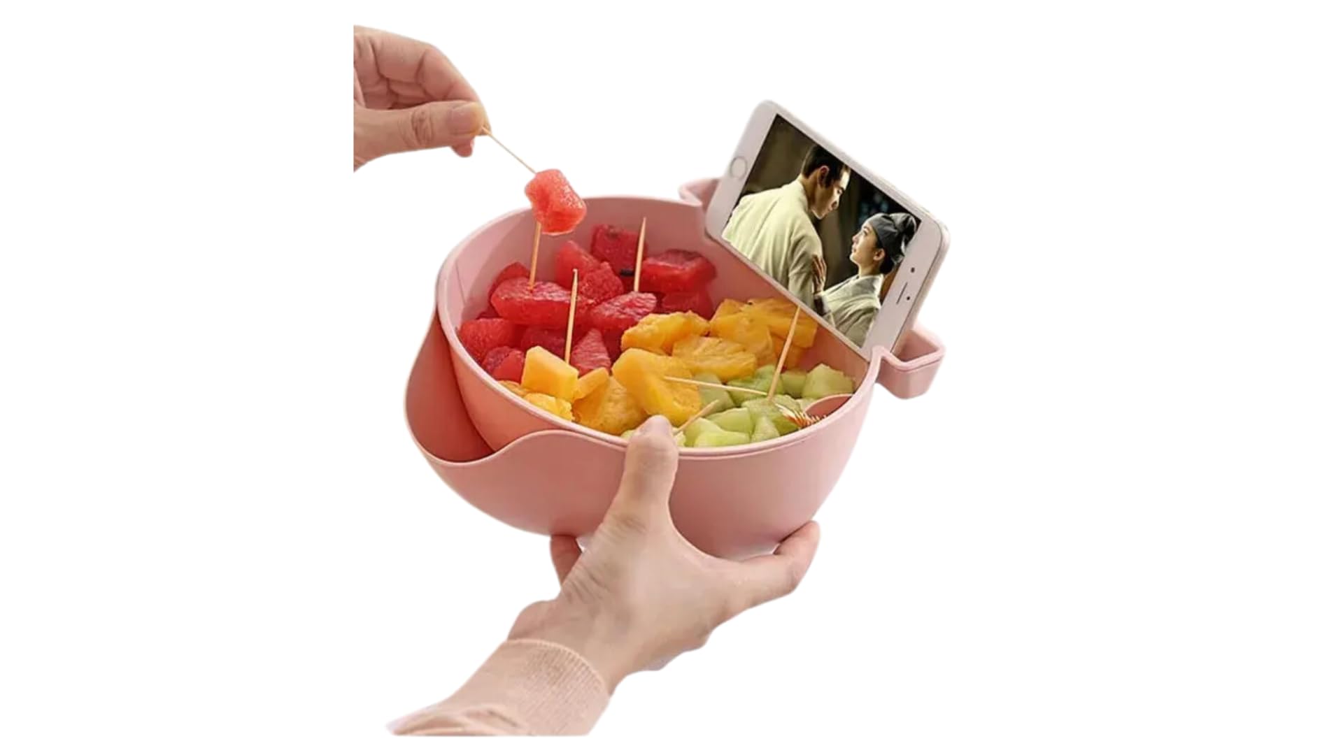 AYESHAL'S Multifunctional fruits and vegetables basket (Pink) “Double Dish Snack Bowl with Phone Holder: Elevate Your Snacking Game!”