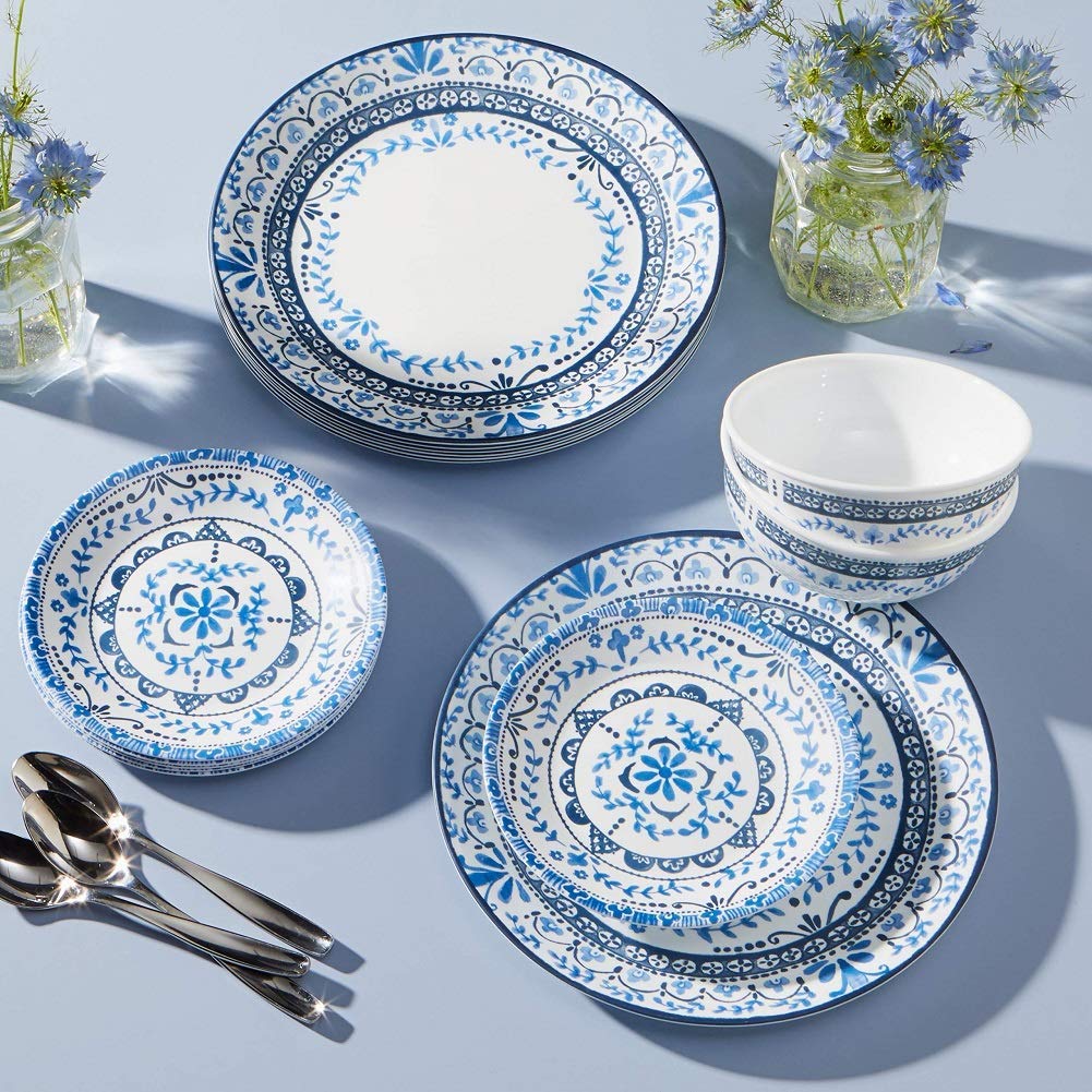 Corelle Portofino Round Dinnerware Set for 6 | Service for 6, 18 Piece Set | Triple Layer Strong Glass is Resistant to Chips and Cracks & White Meal Bowls for Pasta, Salad, and More | 4 Pack, 46 Oz