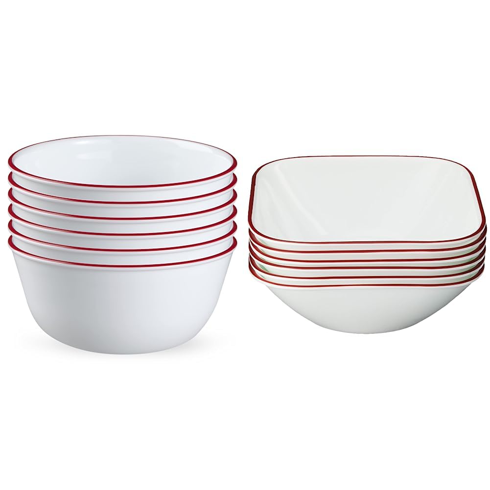 Corelle,Glass 28oz Red Band Bowl 6pk & Vitrelle 6-Piece (22-Oz) Cereal Soup Bowls, Triple Layer Glass and Chip Resistant, Lightweight Square Dinnerware Bowl Set, Splendor