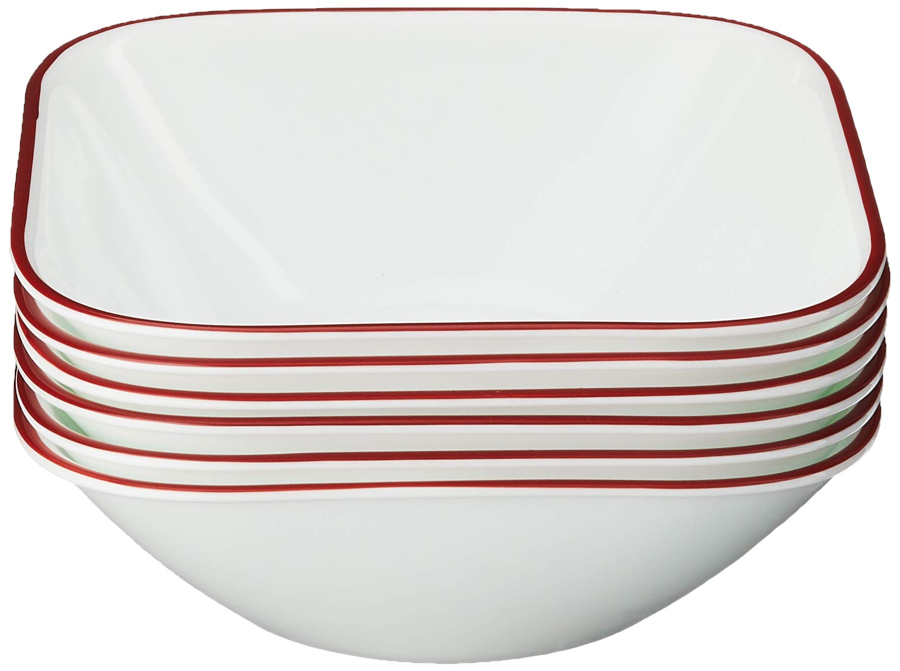 Corelle,Glass 28oz Red Band Bowl 6pk & Vitrelle 6-Piece (22-Oz) Cereal Soup Bowls, Triple Layer Glass and Chip Resistant, Lightweight Square Dinnerware Bowl Set, Splendor