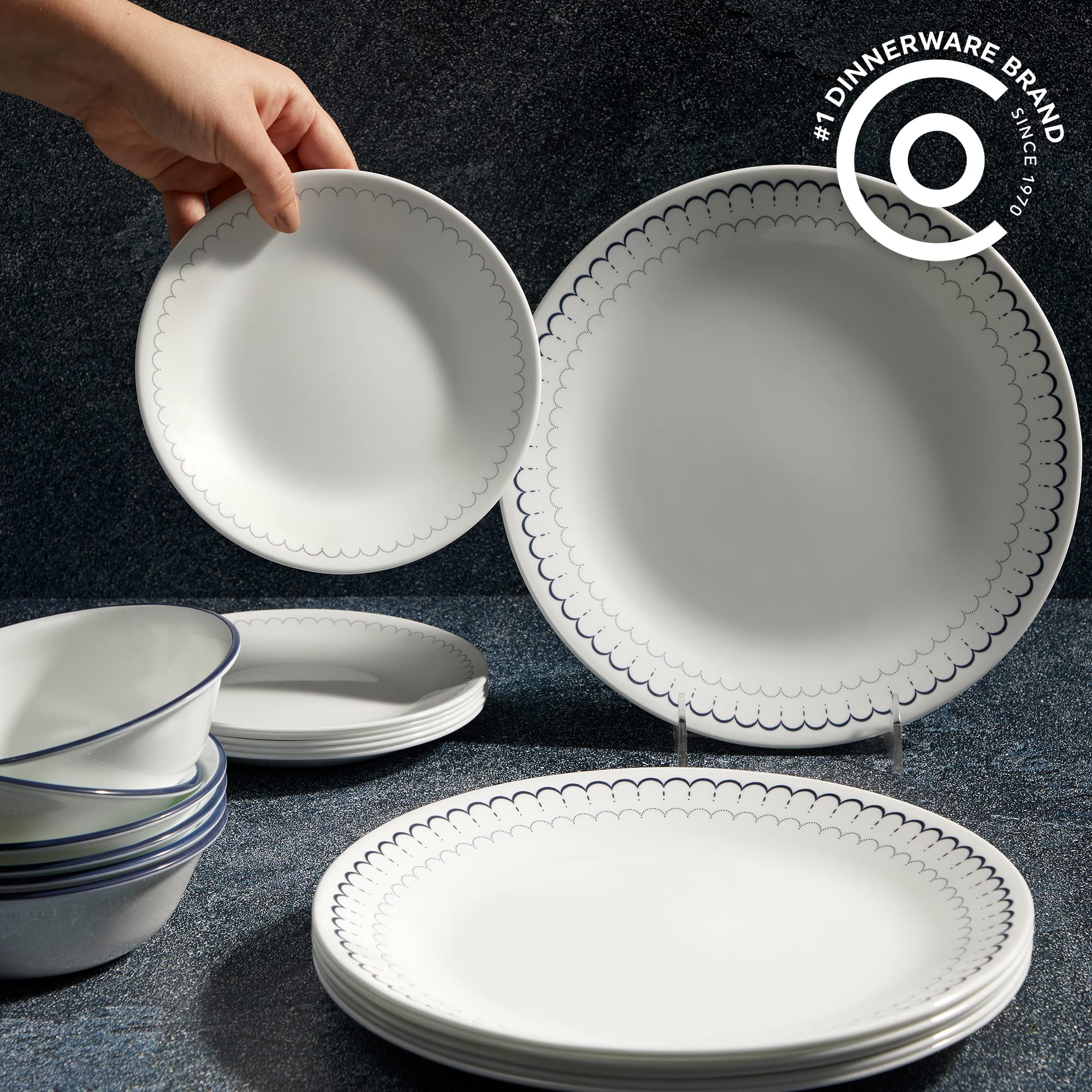 Corelle 18-Piece Dinnerware Set, Service for 6, Lightweight Round Plates and Bowls Set & 6-Piece 8.5" Lunch Round Plates, Vitrelle Triple Layer Glass, Lightweight Round Plates, Caspian