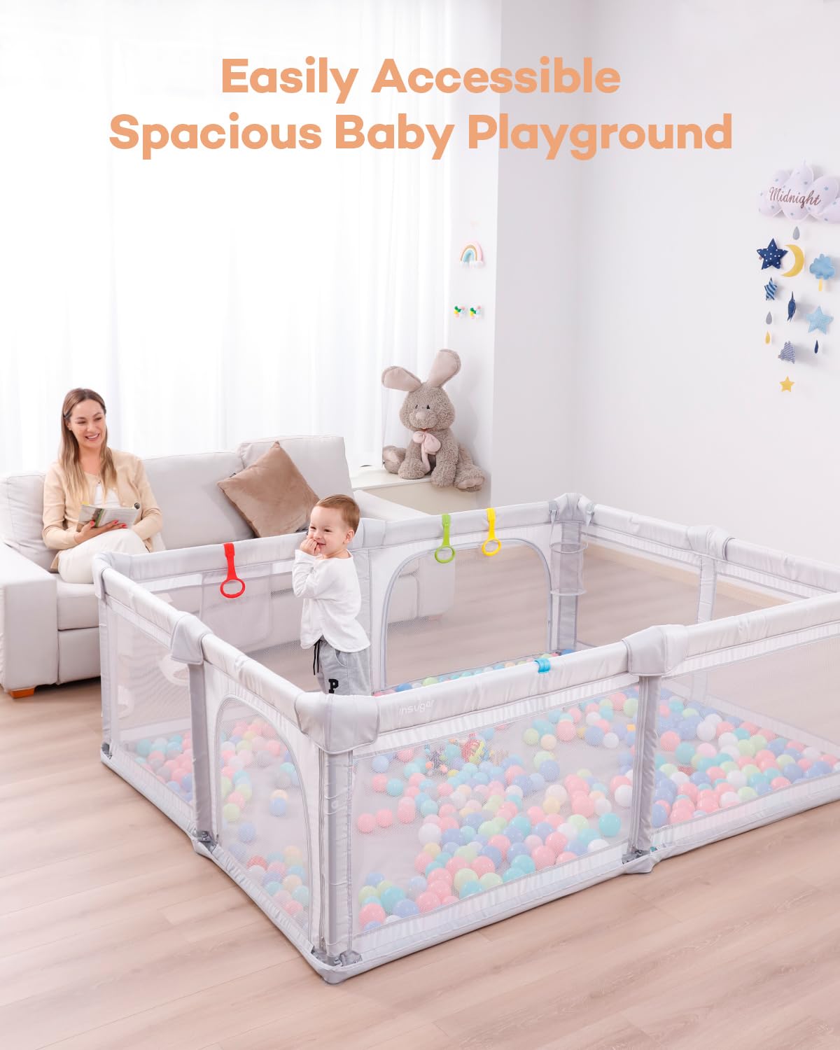 Baby Playpen Playard Foldable, Extra Large Playpen for Babies and Toddlers, Safe Sturdy Baby Fence Play Area with Gate, Removable Bottom, 79 x 59 x 27 Inches, Grey