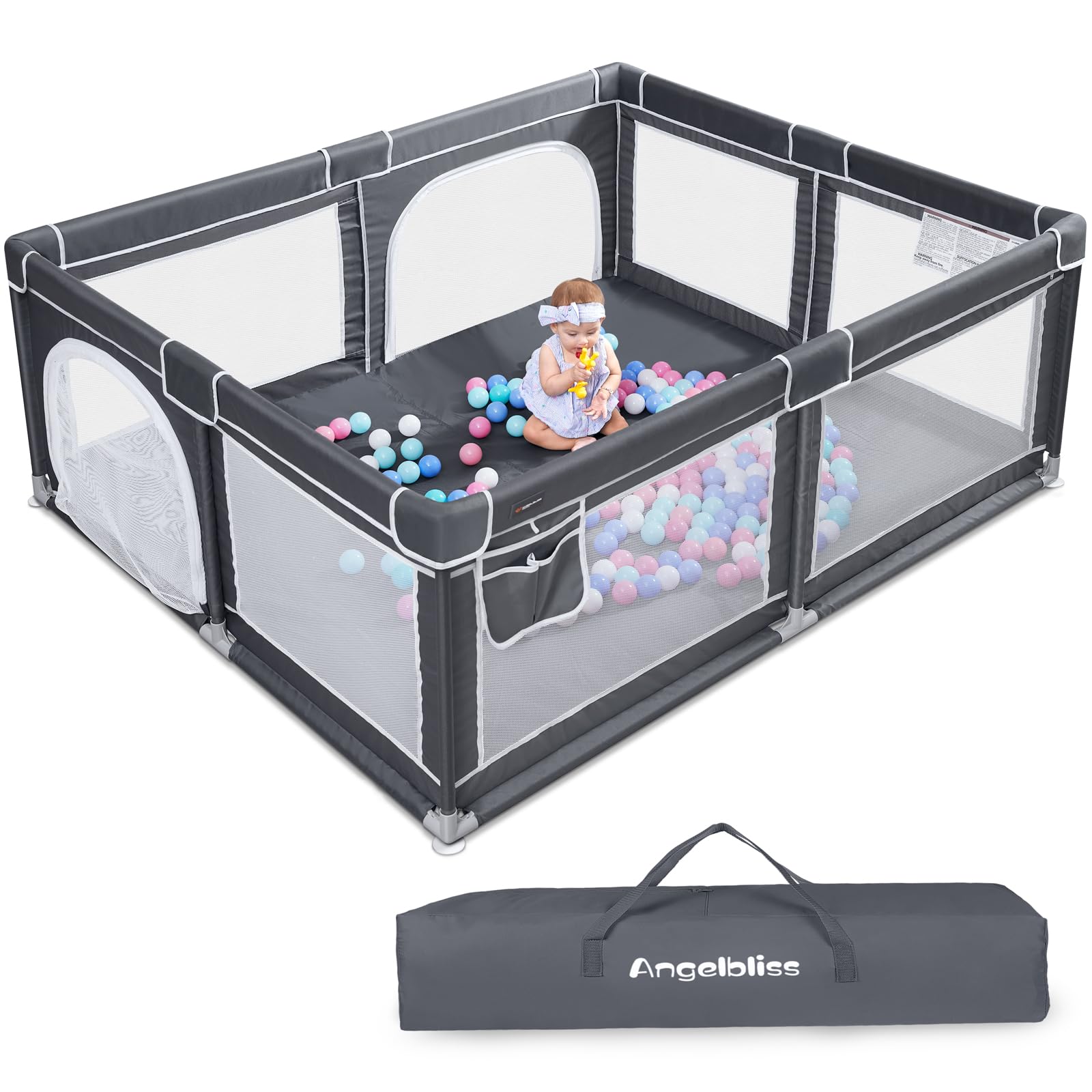 ANGELBLISS Baby Playpen, Extra Large Playard, Indoor & Outdoor Kids Activity Center with Anti-Slip Base, Sturdy Safety Play Yard with Breathable Mesh, Kid's Fence for Toddlers(Dark Grey,79”x71”)