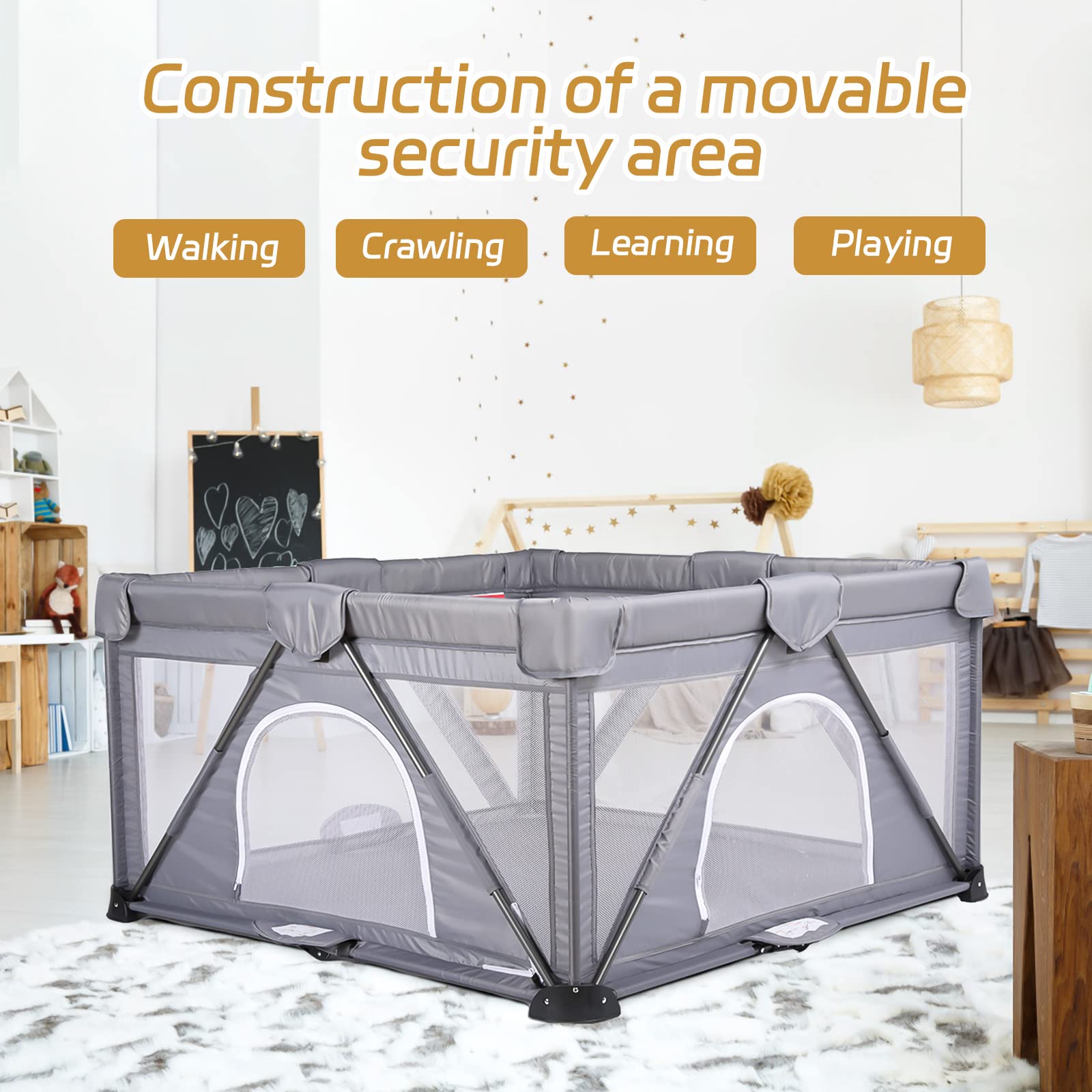 GENTEACO Baby Playpen 50"×50" Foldable Playpen for Babies and Toddlers Indoor & Outdoor Extra Large Play Pen Portable Baby Fence Play Yard Safety Kids Playpin (Grey)