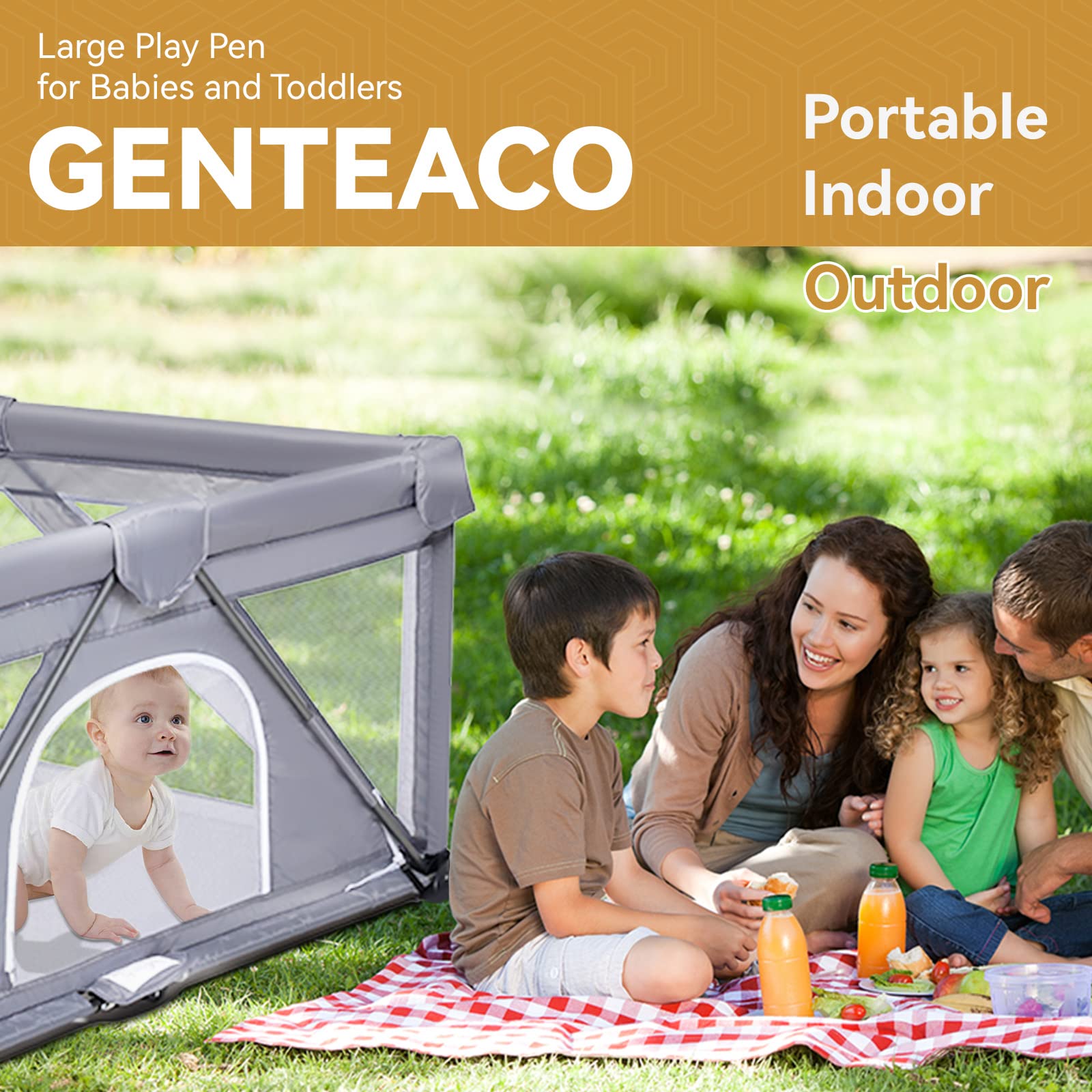 GENTEACO Baby Playpen 50"×50" Foldable Playpen for Babies and Toddlers Indoor & Outdoor Extra Large Play Pen Portable Baby Fence Play Yard Safety Kids Playpin (Grey)