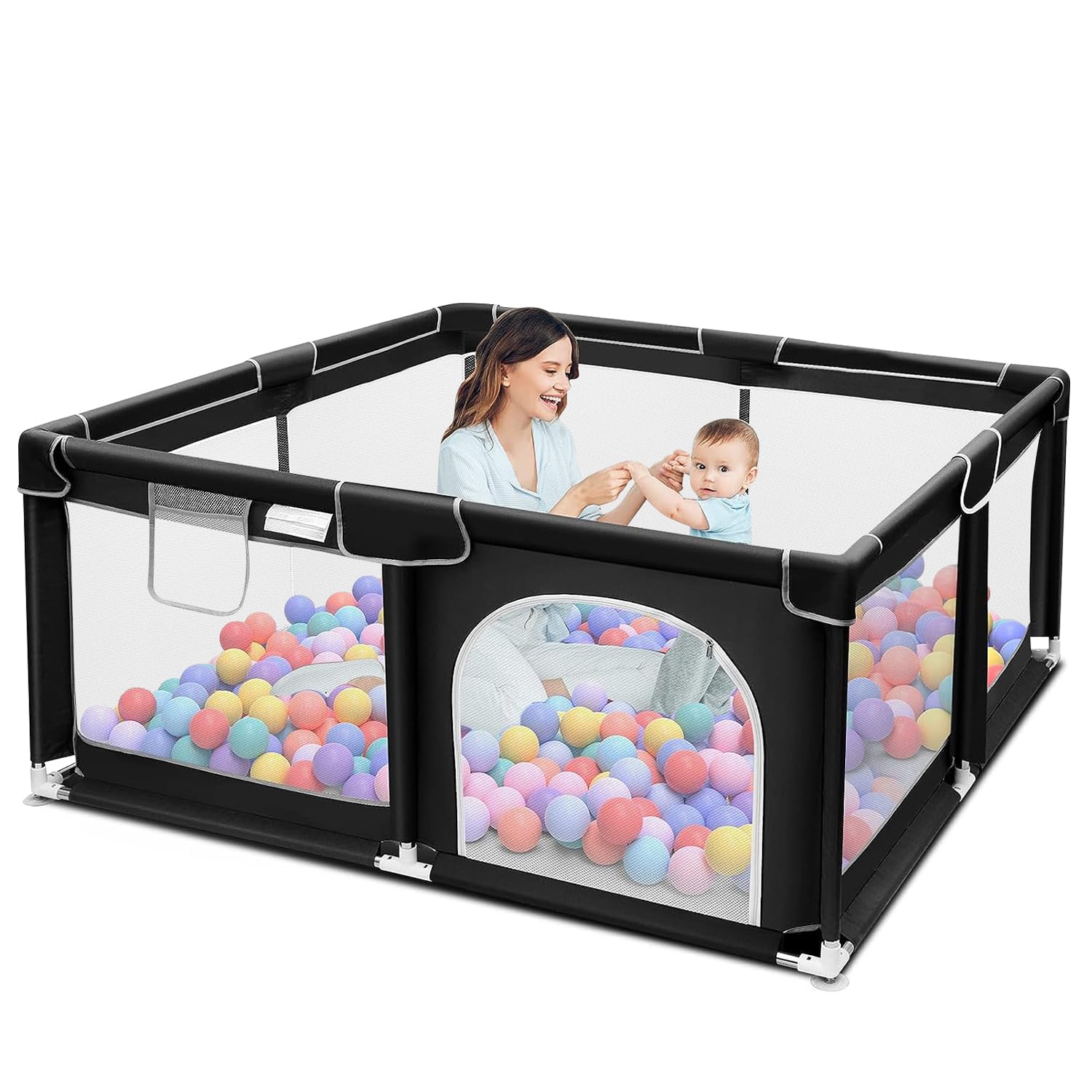 Suposeu Baby Playpen, Sturdy and Safety Playard with Soft Breathable Mesh, Indoor and Outdoor Baby Fence, Portable Playpen for Babies and Toddlers, Black