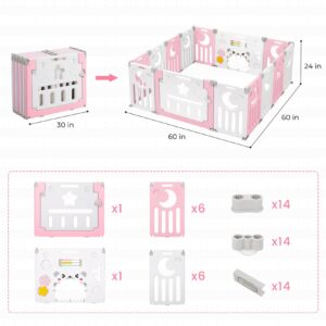 Dripex Baby Playpen, Foldable Playpen for Babies and Toddlers, Adjustable Shape Baby Fence, Safety Play Yard with Gate, Portable Play Area for Indoor or Outdoor (Pink+White,14 Panel)