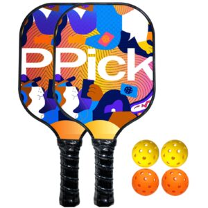 Pickleball Three-Piece Set，Pickleball，Glass Carbon Fiber Pickleball，Peak Racket，2 Sets of Pickleball Rackets，Set Contains 2 Peak Racket and 4 Pickleballs，Suitable for Young Beginners (Yellow)