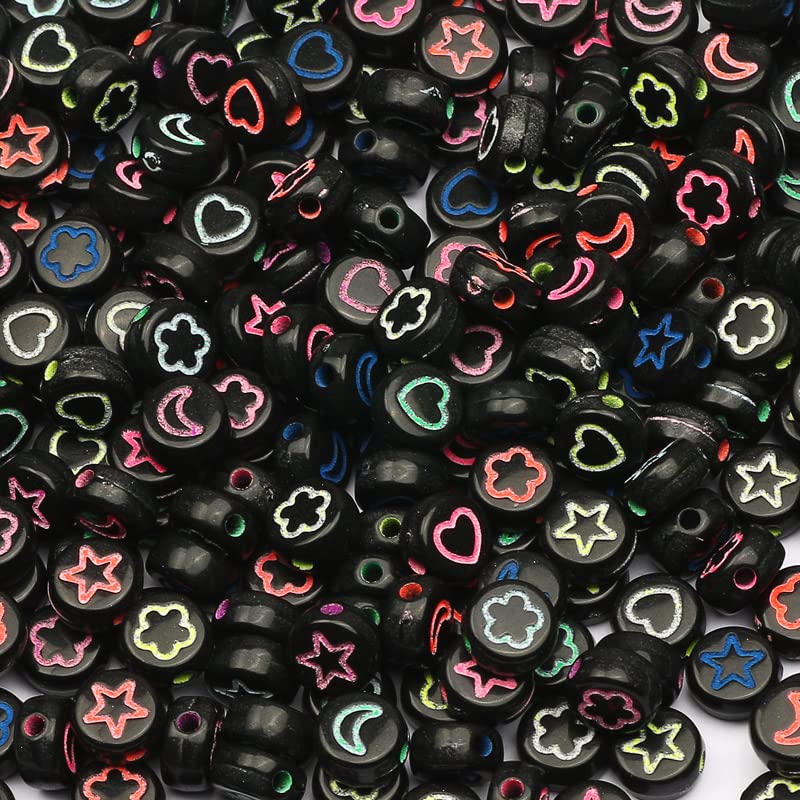 NHBT YU 4 * 7mm Black Mixed Flower Star Moon Heart Acrylic Beads Round Flat Loose Spacer Beads for Jewelry Making DIY Bracelet Necklace T725 (Item Diameter : 200pcs)