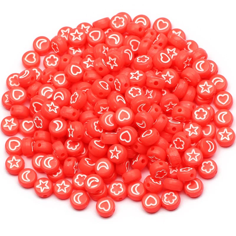 NHBT YU Red Mixed Acrylic Spacer Beads Round Flat Heart Moon Flower Star Beads for Jewelry Making Handmade DIY Bracelet Accessories T87 (Color : Red, Item Diameter : 300Pcs)