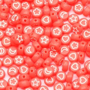 NHBT YU Red Mixed Acrylic Spacer Beads Round Flat Heart Moon Flower Star Beads for Jewelry Making Handmade DIY Bracelet Accessories T87 (Color : Red, Item Diameter : 300Pcs)