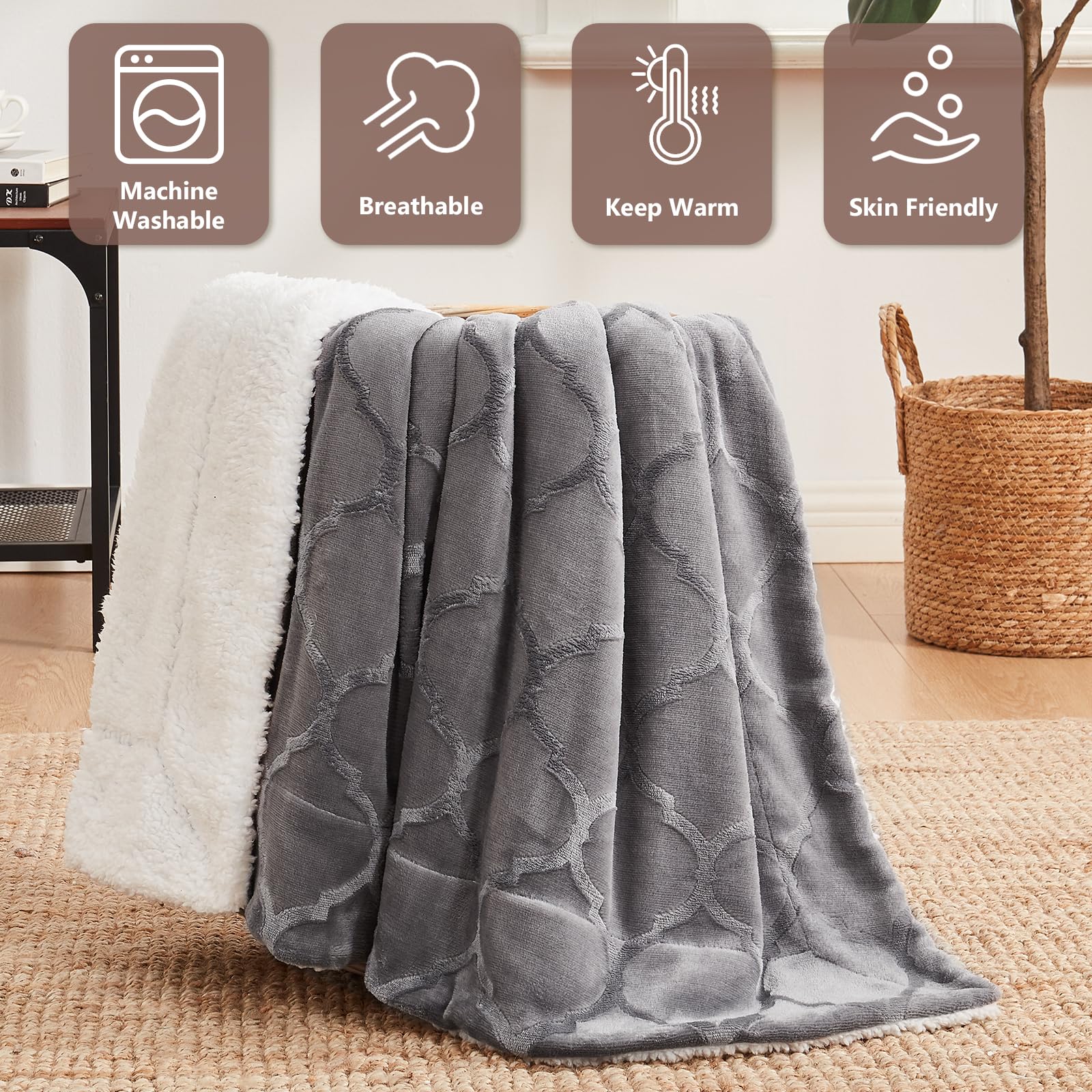 L'AGRATY Sherpa Throw Blanket - Plush Blanket for Bed - 50"x60" Soft Fleece Blanket - Comfy Fluffy Blanket for Chair and Couch - Warm Fuzzy Blanket for Gift(Light Grey)