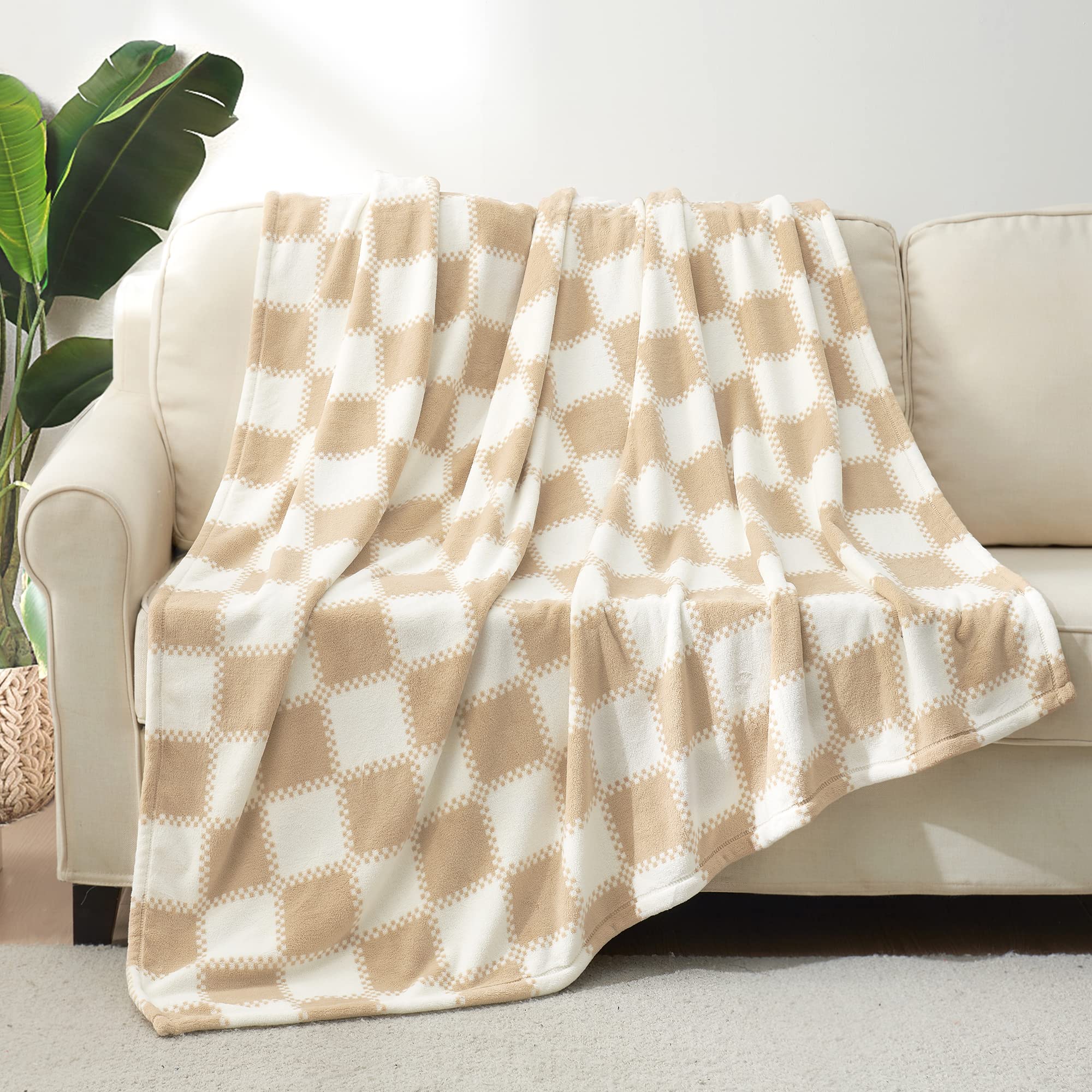 Cozy Bliss Beige Checkered Throw Blanket Ultra Soft Warm MilkyPlush™ Fleece Blanket Checkerboard Grid Plush Blanket for Couch Bed Sofa, Beige 50"x60"