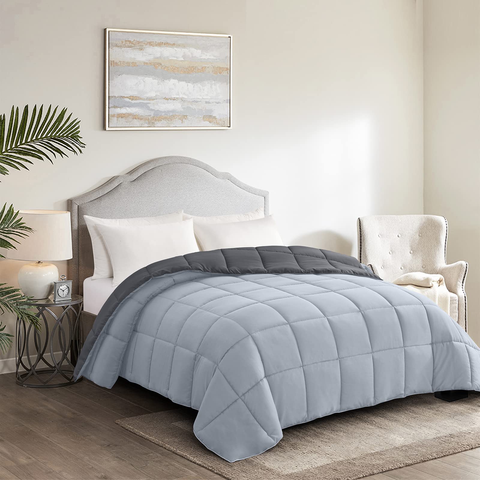 Homelike Moment Lightweight Queen Comforter - Grey Down Alternative Bedding Comforters Queen Size, All Season Duvet Insert Quilted Reversible Bed Comforter Soft Queen Full Size Dark Gray/Light Grey