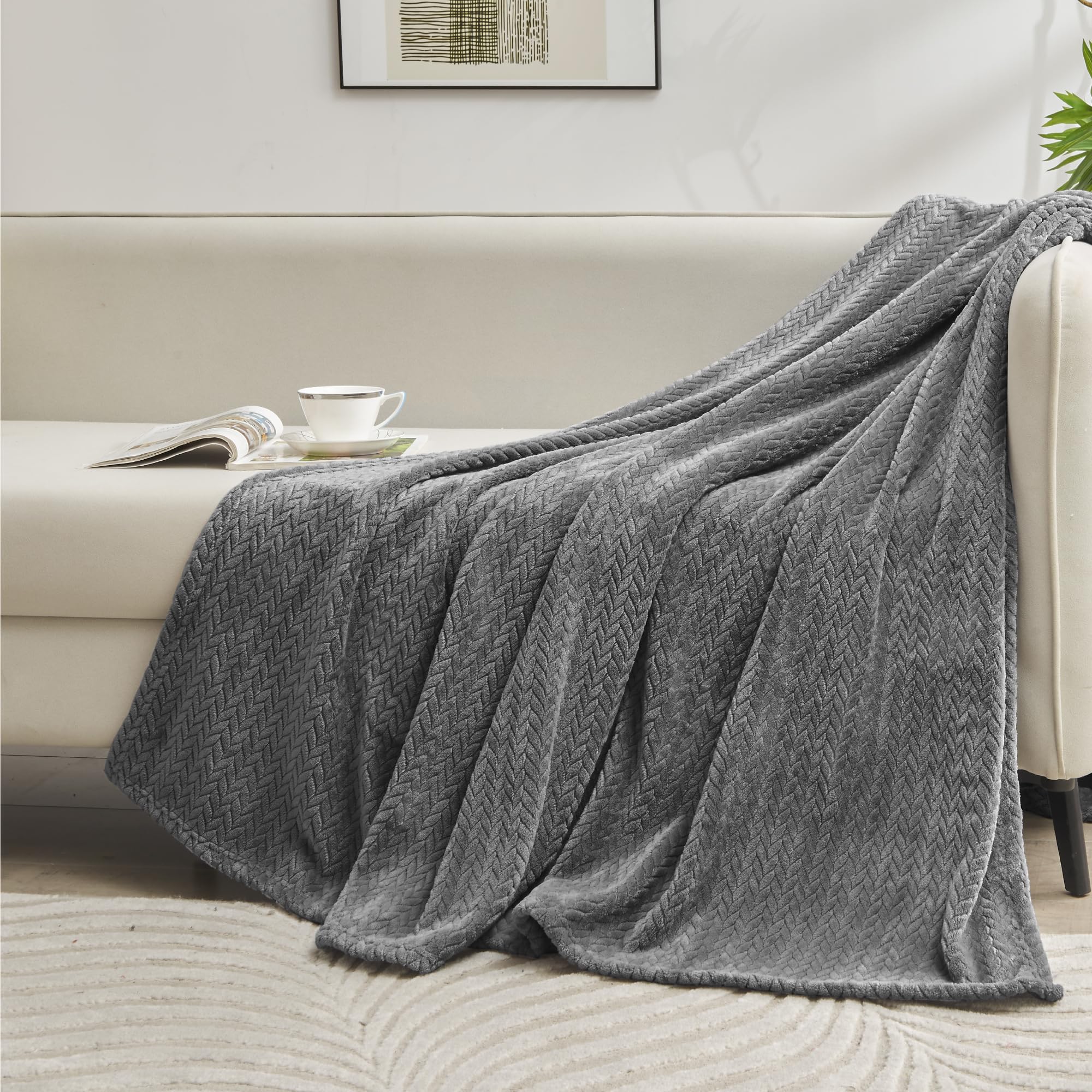 INFIIXSO Throw Blanket for Couch, Super Soft Fleece Blanket with Leaves Pattern Design, Versatile Lightweight Fuzzy Blanket for Bed, Sofa and Travel All Season Use(50x60 Inches, Grey)