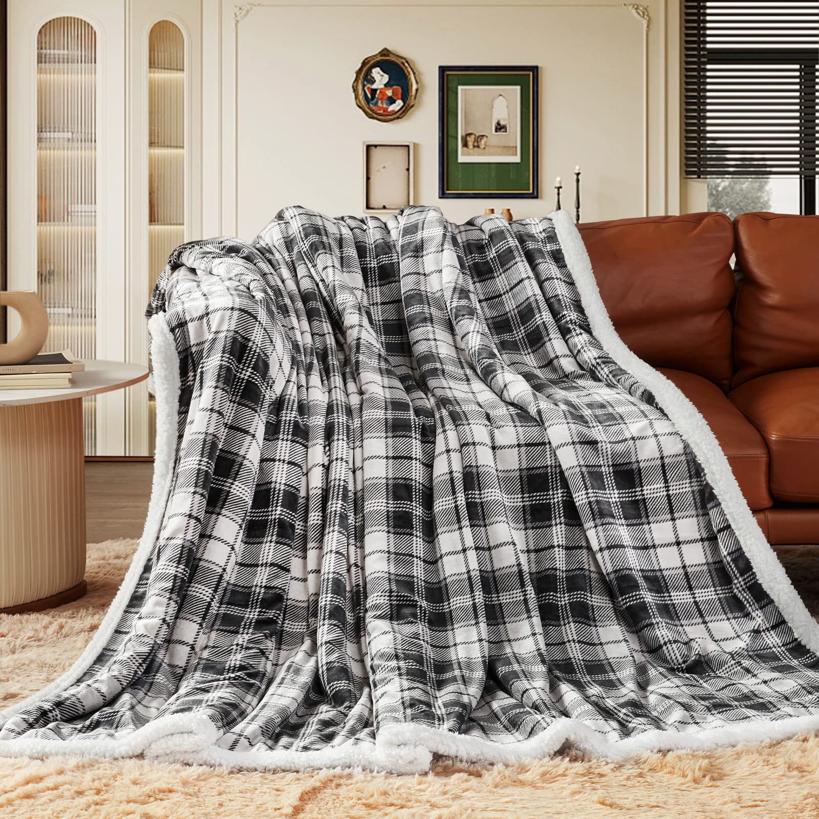 inhand Sherpa Throw Blanket, Plaid Warm Cozy Soft Throw Blankets for Couch, Bed, Sofa，Reversible Fluffy Plush Flannel Fleece Blankets and Throws for Adults Women Men(Grey, 50”x 60”)