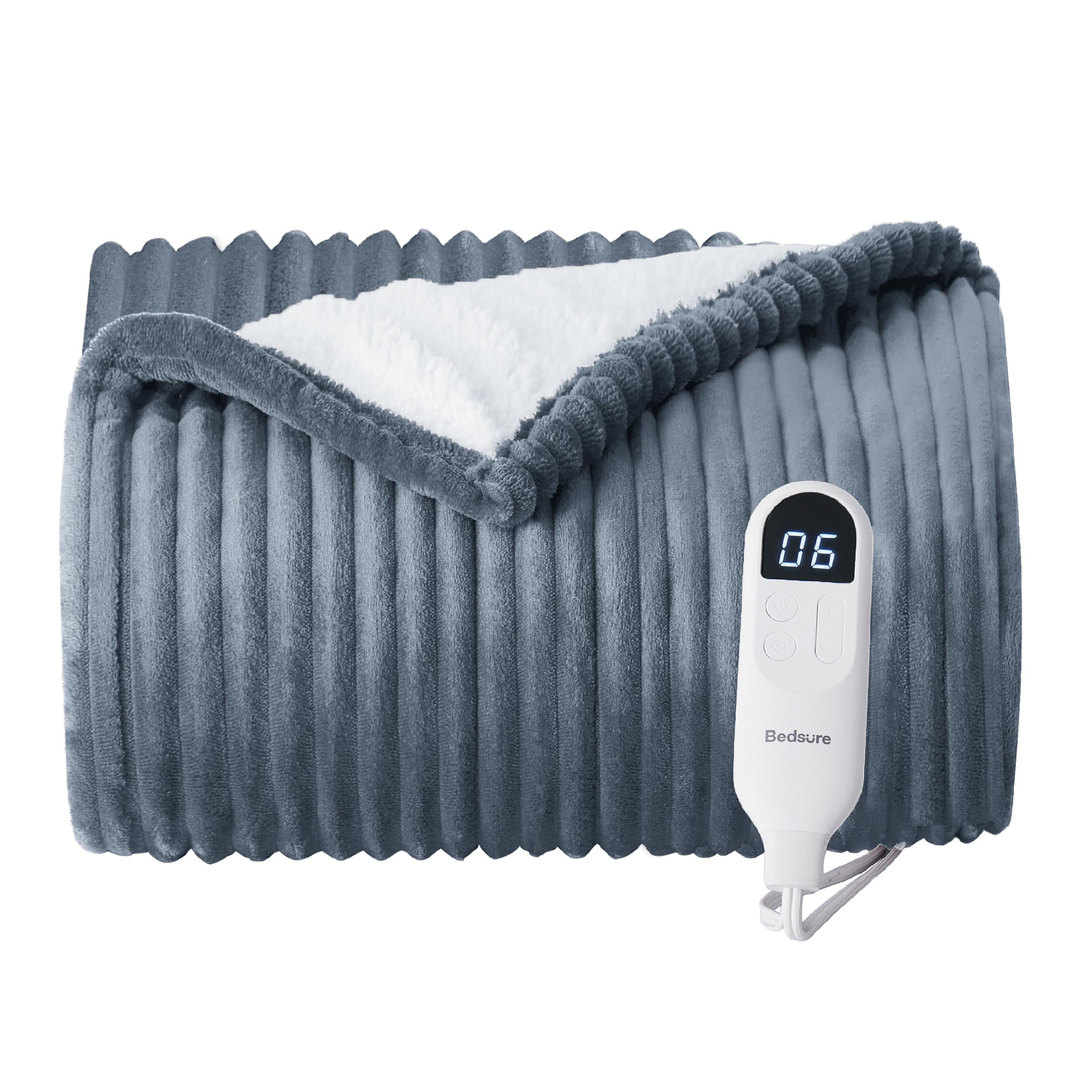 Bedsure Electric Blanket Heated Throw - Soft Ribbed Flannel Heated Blanket, Fast Heating Electric Throw with 6 Heating Levels & 4 Time Settings, 3 Hours Auto-Off (50x60 inches, Grey)