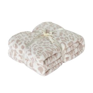 Fluffy Microfiber Leopard Knitted Throw Blanket Super Soft Cozy Lightweight Fleece Bed Blanket for Sofa Bed Stone Cream