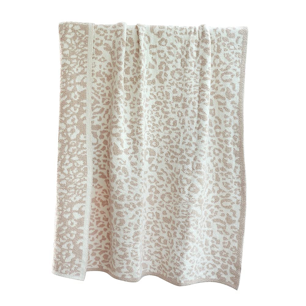 Fluffy Microfiber Leopard Knitted Throw Blanket Super Soft Cozy Lightweight Fleece Bed Blanket for Sofa Bed Stone Cream