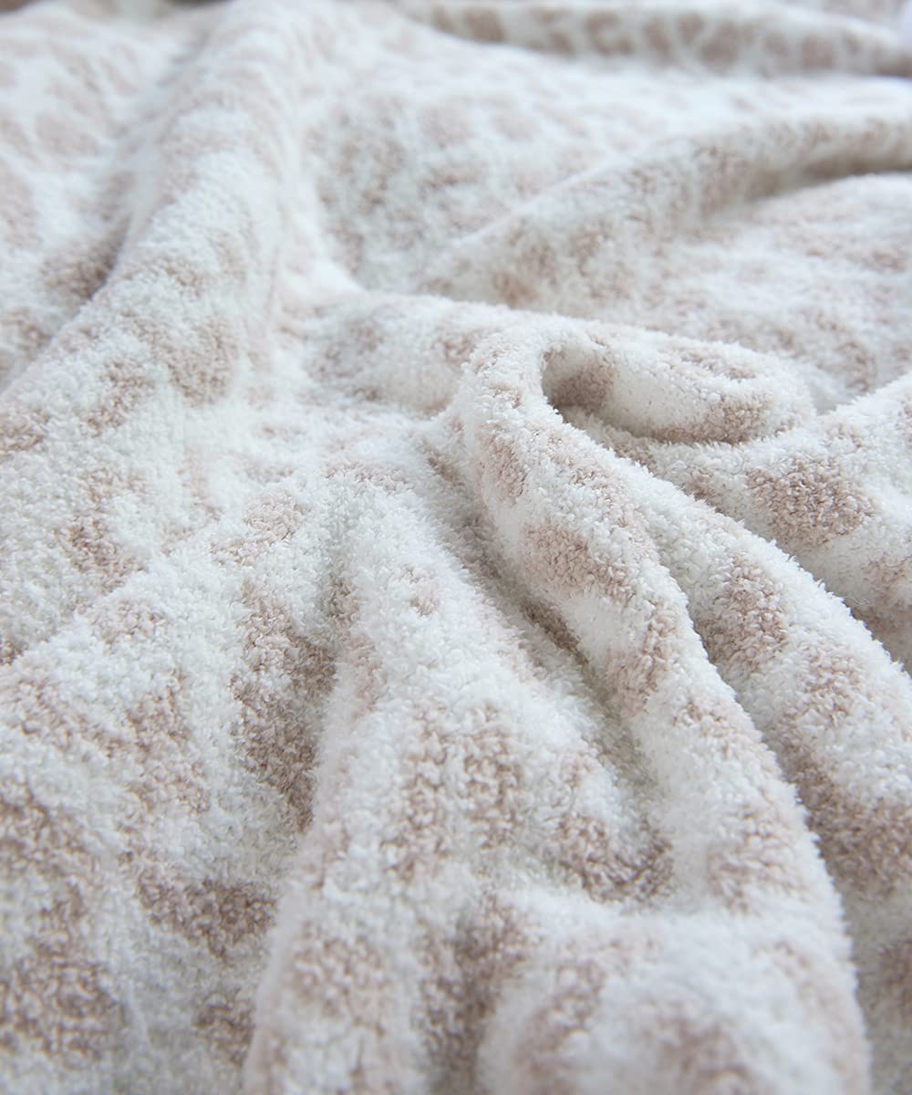 Fluffy Microfiber Leopard Knitted Throw Blanket Super Soft Cozy Lightweight Fleece Bed Blanket for Sofa Bed Stone Cream