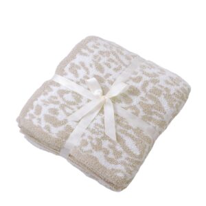 Fluffy Microfiber Leopard Knitted Throw Blanket Super Soft Cozy Lightweight Fleece Bed Blanket for Sofa Bed Stone Cream