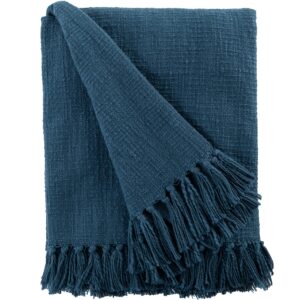 sticky toffee cotton throw blanket for couch, 60x50 in, blue navy boho woven throw with fringe, textured throw blankets, thick and durable decorative throw