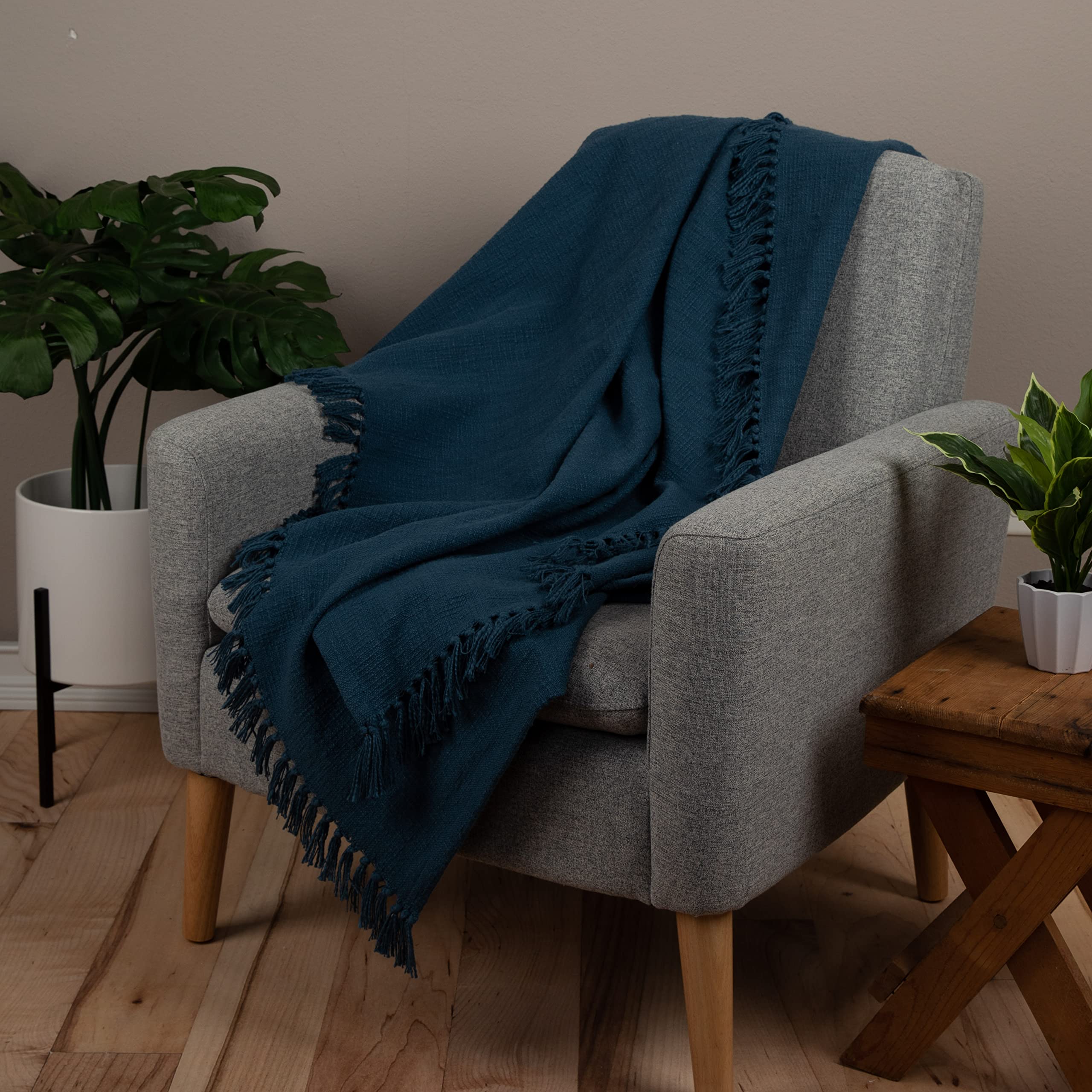 Sticky Toffee Cotton Throw Blanket for Couch, 60x50 in, Blue Navy Boho Woven Throw with Fringe, Textured Throw Blankets, Thick and Durable Decorative Throw