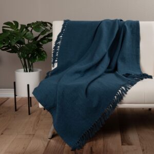 Sticky Toffee Cotton Throw Blanket for Couch, 60x50 in, Blue Navy Boho Woven Throw with Fringe, Textured Throw Blankets, Thick and Durable Decorative Throw