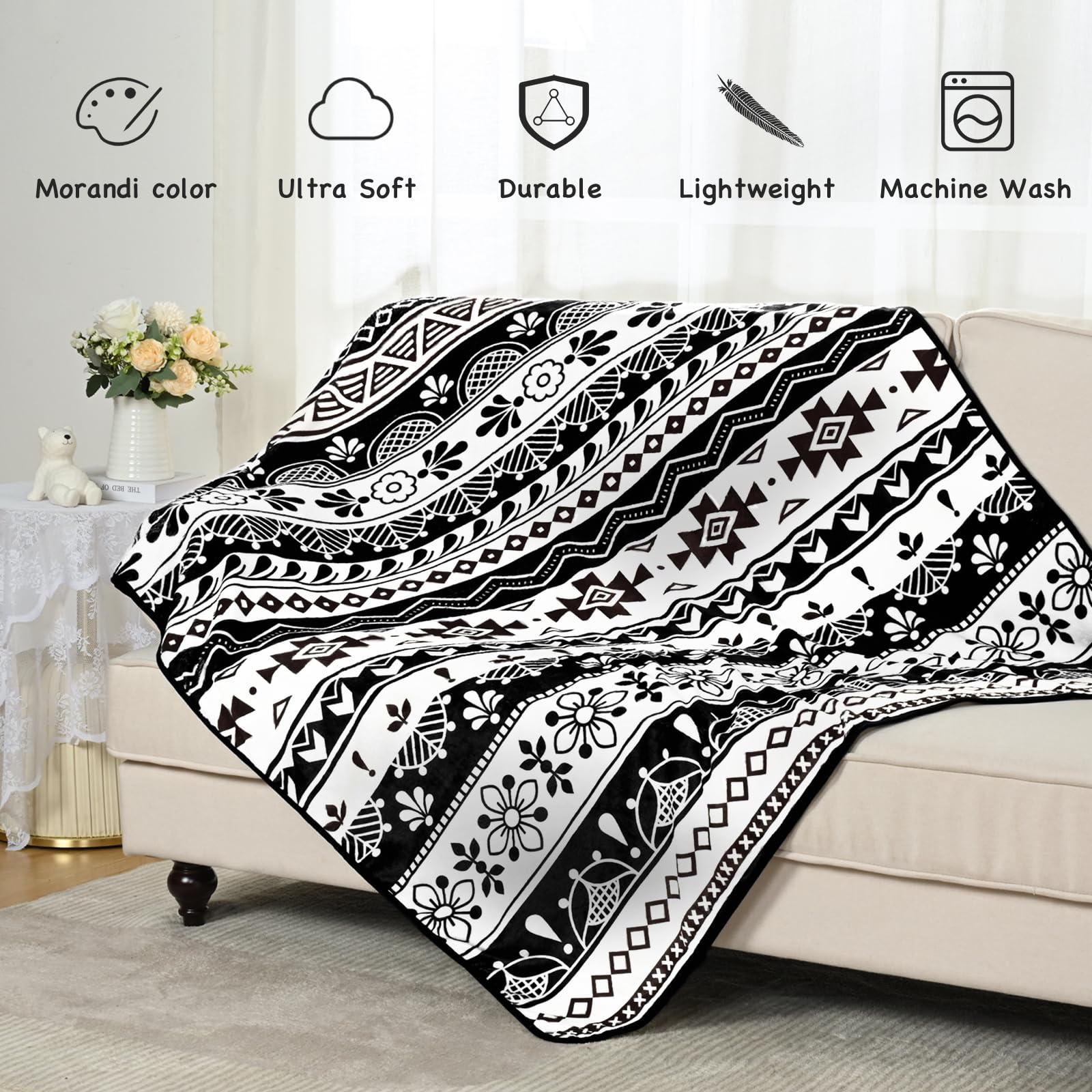 Yinhua Flannel BohoThrow Blanket Black and White Decorative Throw Blankets for Couch All Seasons Throw Blanket Super Soft Cozy Comfy Fluffy Fuzzy Bed Blanket for Chair, Bed, Sofa, 50x60 in