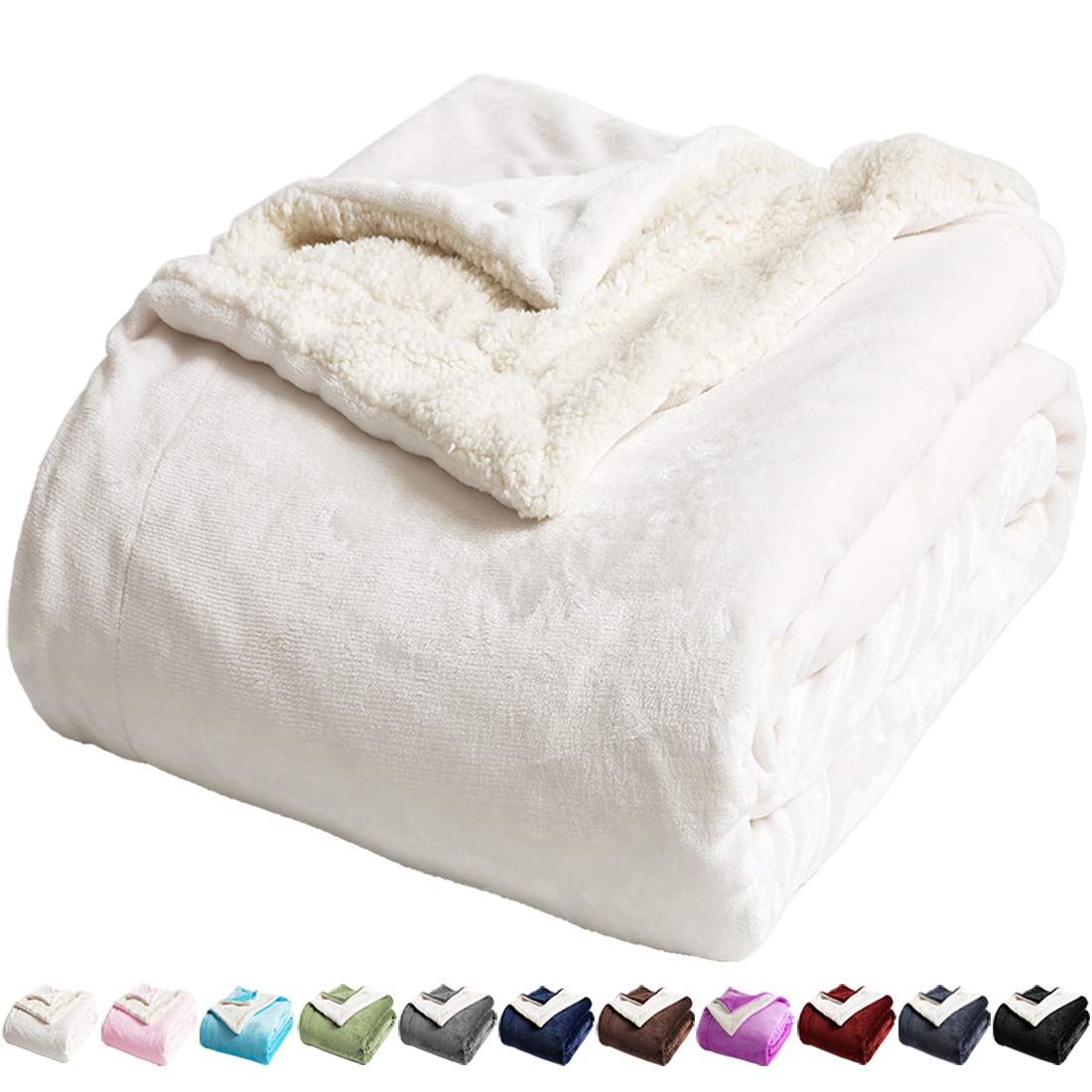 LBRO2M Sherpa Fleece Bed Blanket Queen Size Super Soft Fuzzy Plush Warm Cozy Fluffy Microfiber Couch Throw Double Reversible Blankets,Ivory