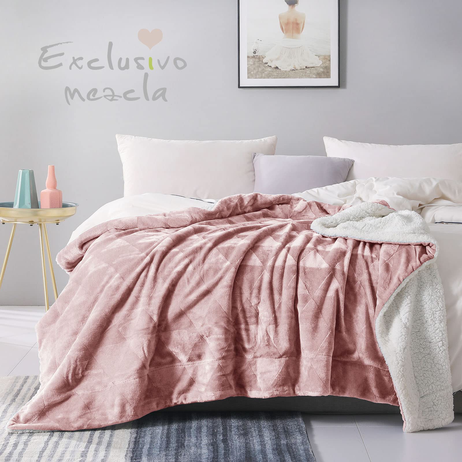 Exclusivo Mezcla 50" x 70" Large Throw Blanket, Reversible Brushed Flannel Fleece& Plush Sherpa Blanket (Dusty Pink) Decorative, Lightweight, Soft and Warm