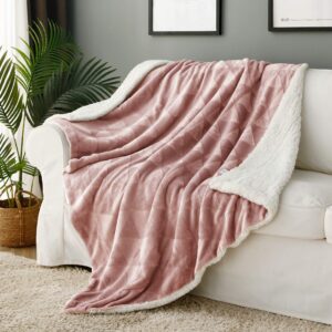 Exclusivo Mezcla 50" x 70" Large Throw Blanket, Reversible Brushed Flannel Fleece& Plush Sherpa Blanket (Dusty Pink) Decorative, Lightweight, Soft and Warm