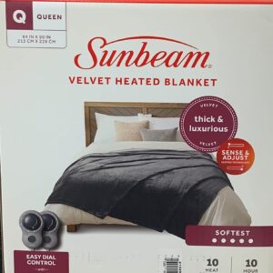 Sunbeam Queen Electric Heated Blanket Softest Luxurious Velvet with Two Controllers 10-Heat Settings Auto Sut-Off UL Listed for Safety, Charcoal Grey