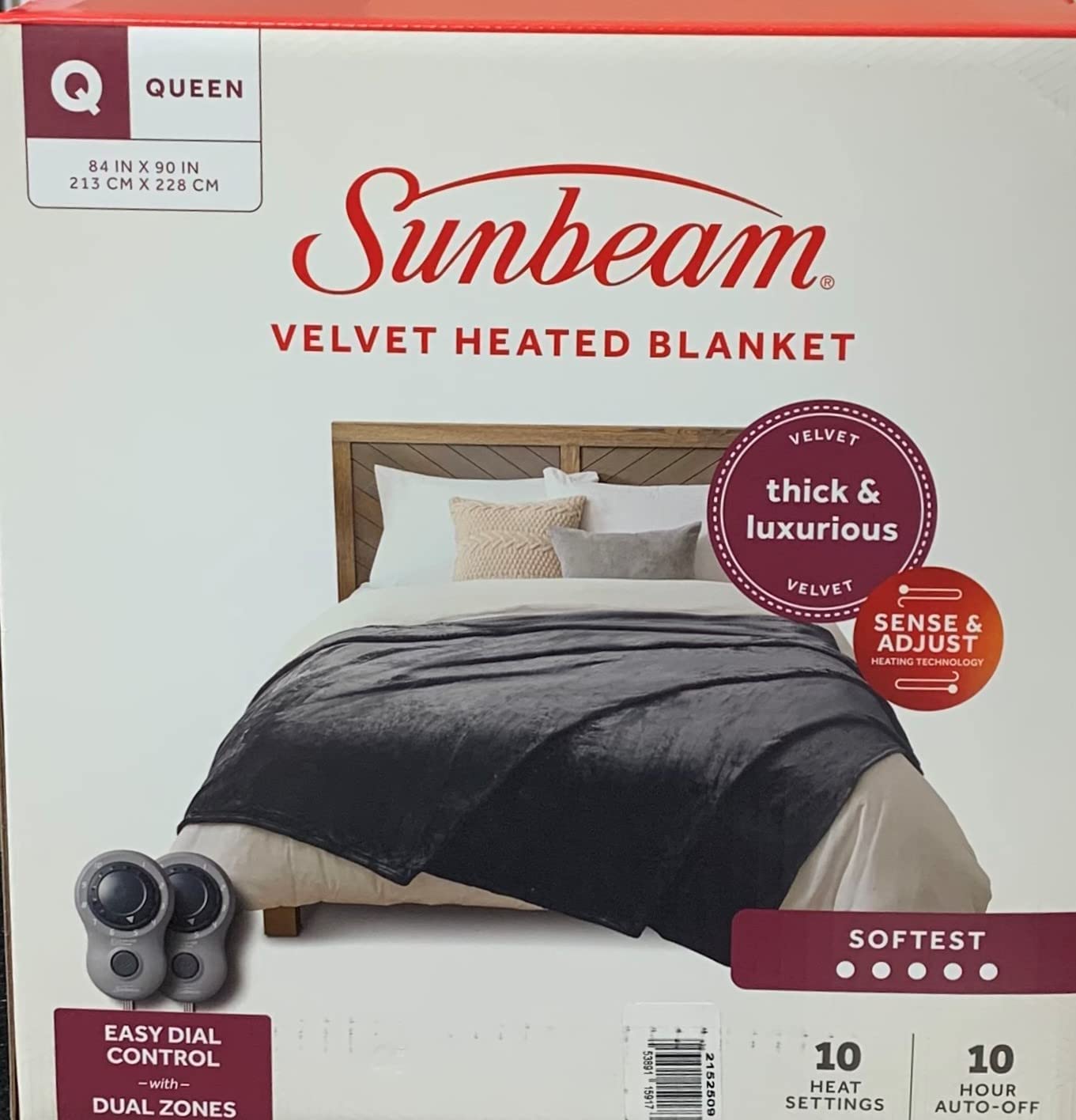 Sunbeam Queen Electric Heated Blanket Softest Luxurious Velvet with Two Controllers 10-Heat Settings Auto Sut-Off UL Listed for Safety, Charcoal Grey