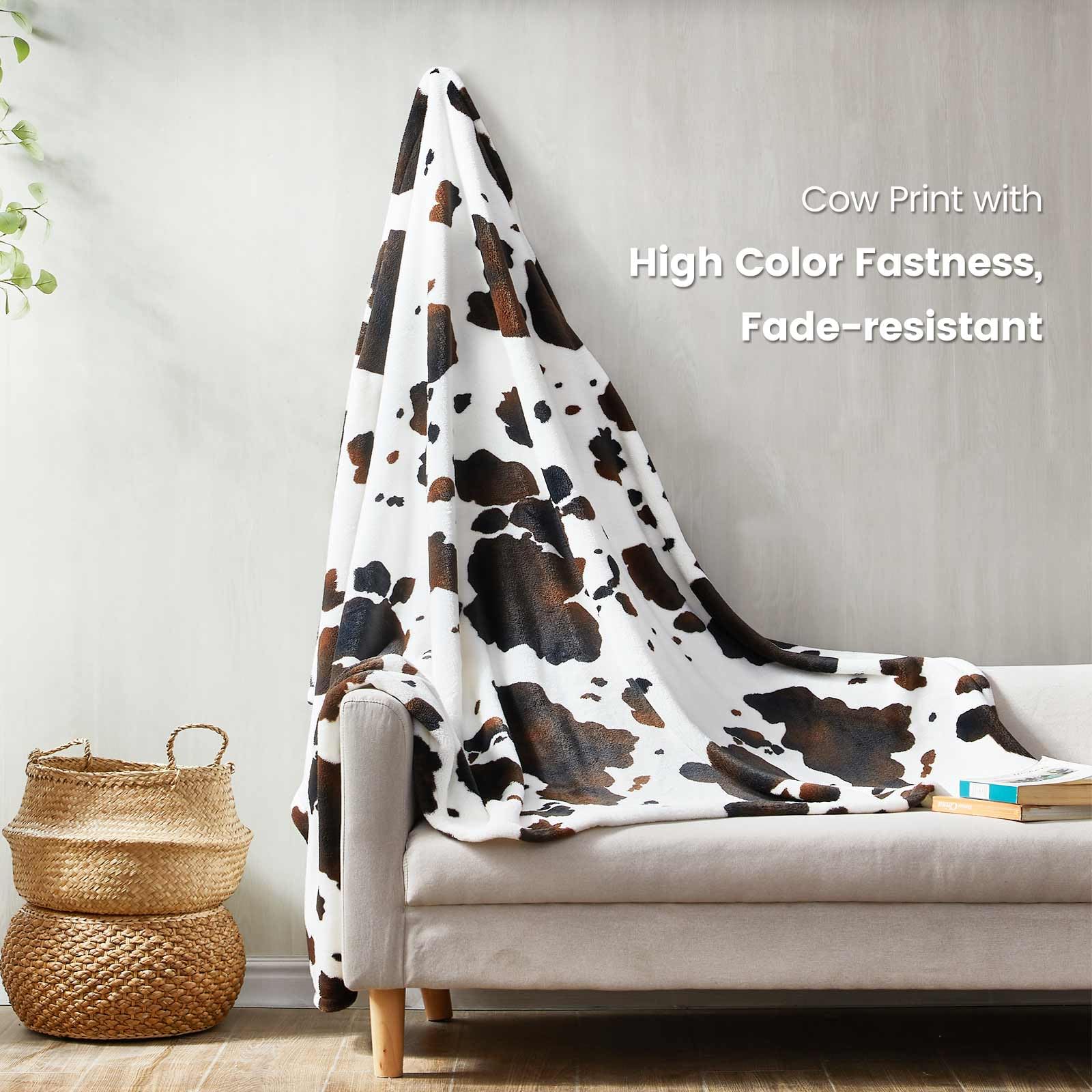 Cozy Bliss Cow Print Throw Blanket Non Shedding MilkyPlush™ Fleece 330GSM Thick Blankets Western Room Decor Super Soft Warm for Adults Kids Girl Gifts Bedroom Couch Sofa Travel Black Brown 50"x60"