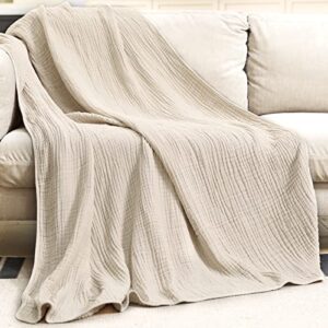 Yoofoss Muslin Blanket 100% Cotton Throw Summer Blanket Large 50" x 60" for Bed Couch 6-Layer Gauze Blanket for Adults Lightweight and Breathable Apricot White