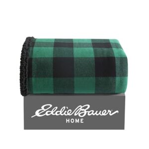 Eddie Bauer - Throw Blanket, Reversible Sherpa Flannel Bedding, Buffalo Plaid Home Decor for All Seasons (Green/Black, Throw)