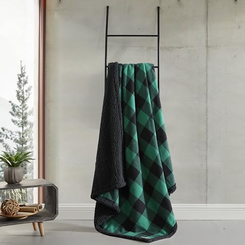 Eddie Bauer - Throw Blanket, Reversible Sherpa Flannel Bedding, Buffalo Plaid Home Decor for All Seasons (Green/Black, Throw)