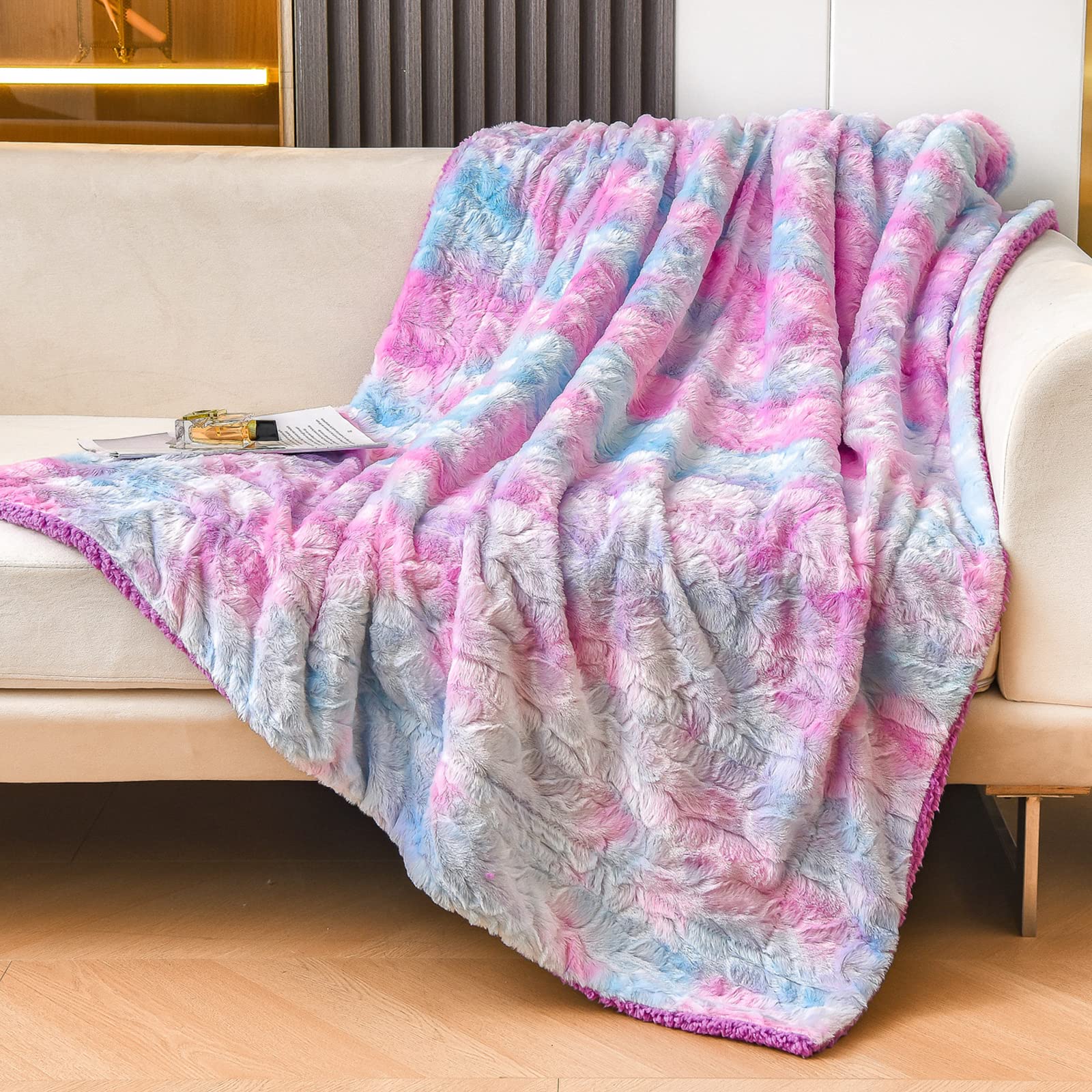 NEWCOSPLAY Super Soft Faux Fur Throw Blanket for Couch Purple Rainbow Sherpa Fuzzy Plush Warm Blanket for Sofa Bed (Purple Rainbow, Throw(40"x50"))