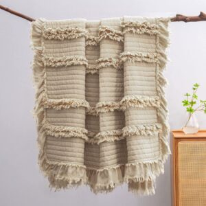 ultra soft pre-washed quilted boho throw blanket, ruffle fringed beige decorative throw, stone washed chic rustic blanket for sofa couch bed chair, 50"x 60"