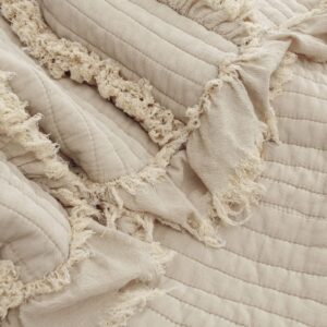 Ultra Soft Pre-Washed Quilted Boho Throw Blanket, Ruffle Fringed Beige Decorative Throw, Stone Washed Chic Rustic Blanket for Sofa Couch Bed Chair, 50"x 60"