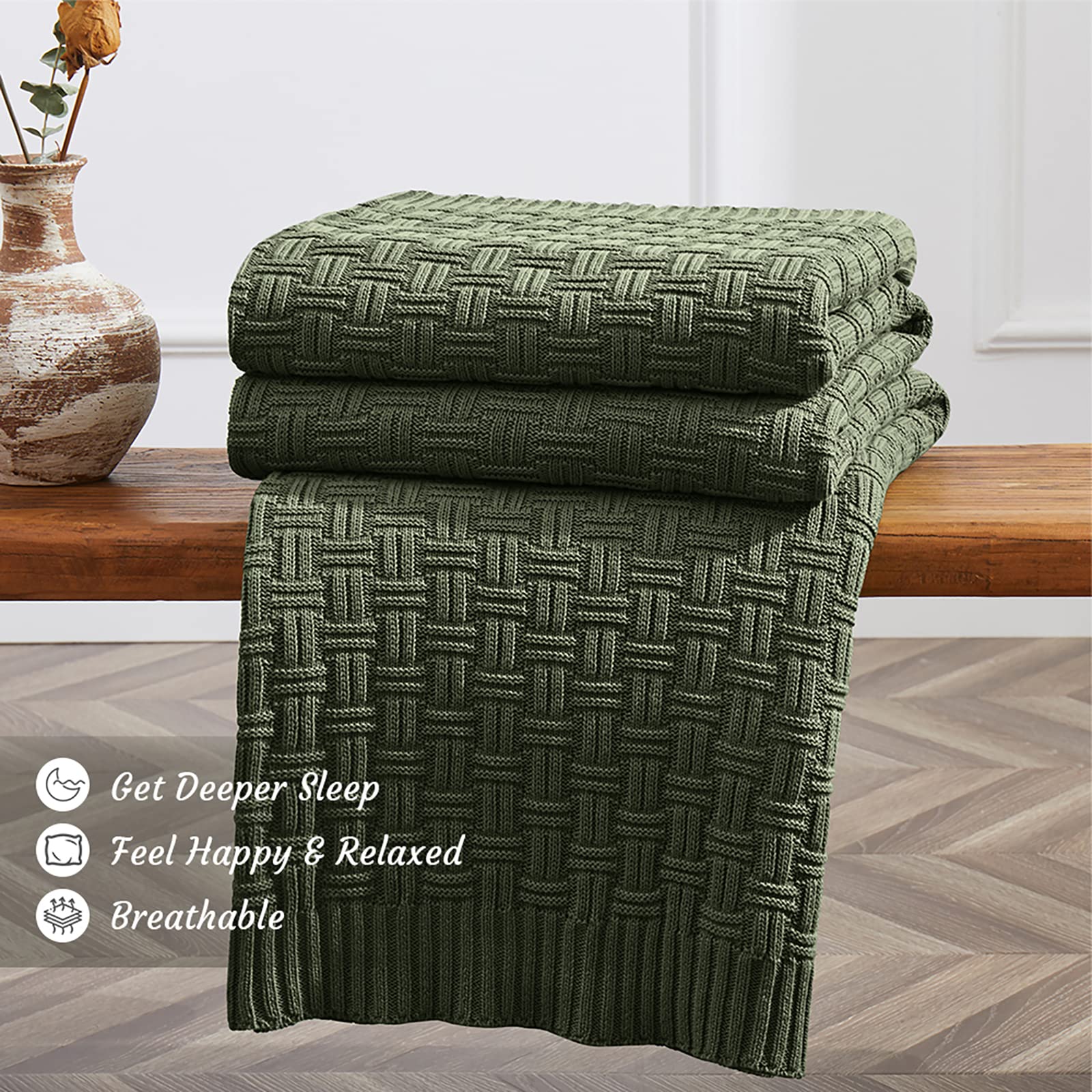 TREELY 100% Cotton Knitted Throw Blanket Couch Cover Blanket(50 x 60 Inches, Green Forest)