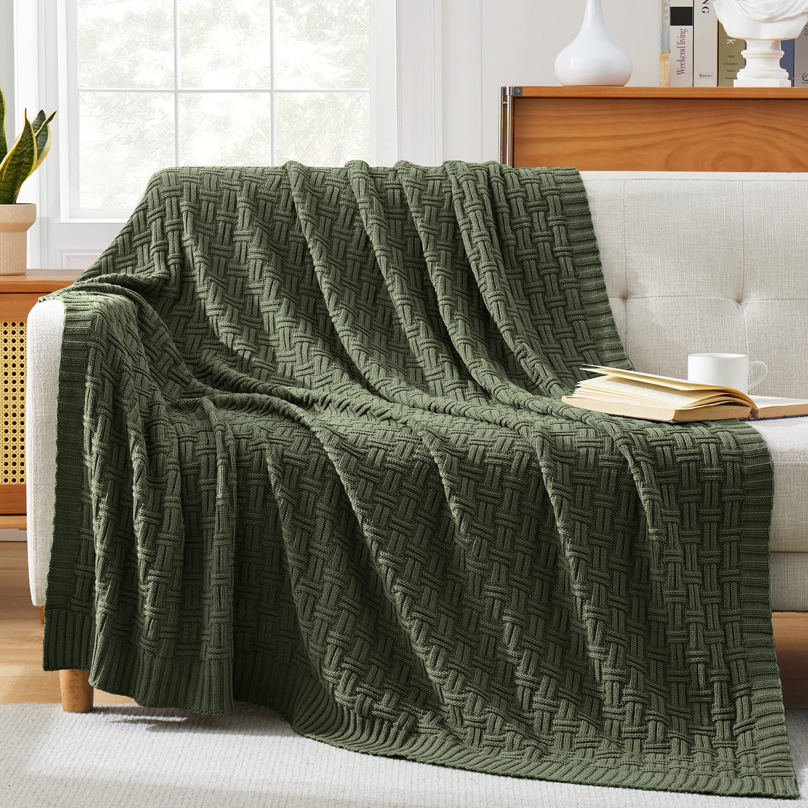 TREELY 100% Cotton Knitted Throw Blanket Couch Cover Blanket(50 x 60 Inches, Green Forest)