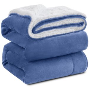 kawahome sherpa fleece queen size blanket for bed - extra warm and heavy thick blankets for winter, super soft 500gsm plush blanket, 90"x 90" washed blue
