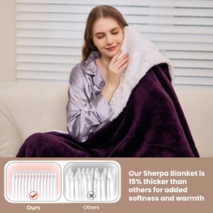 Sherpa Fleece Throw Blanket Twin Size - Thick and Warm Blanket for Winter, Warm Plush Fleece Reversible Blanket for Bed, Sofa, Couch, Camping and Travel, Purple, 60x80 Inches