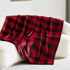 Touchat Fleece Throw Blankets, Buffalo Plaid Throw Blanket for Couch Sofa Bed, Soft Warm Fuzzy Cozy Plush Checkered christmas blanket, Lightweight Farmhouse Decor 50" x 60" (Red & Black)